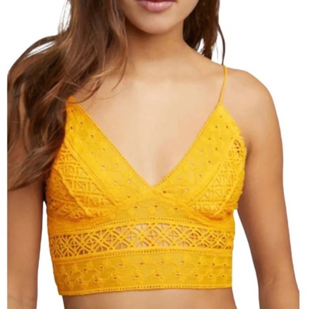 FREE PEOPLE Carina Bralette Eyelet Smocking Mango Gold NWT